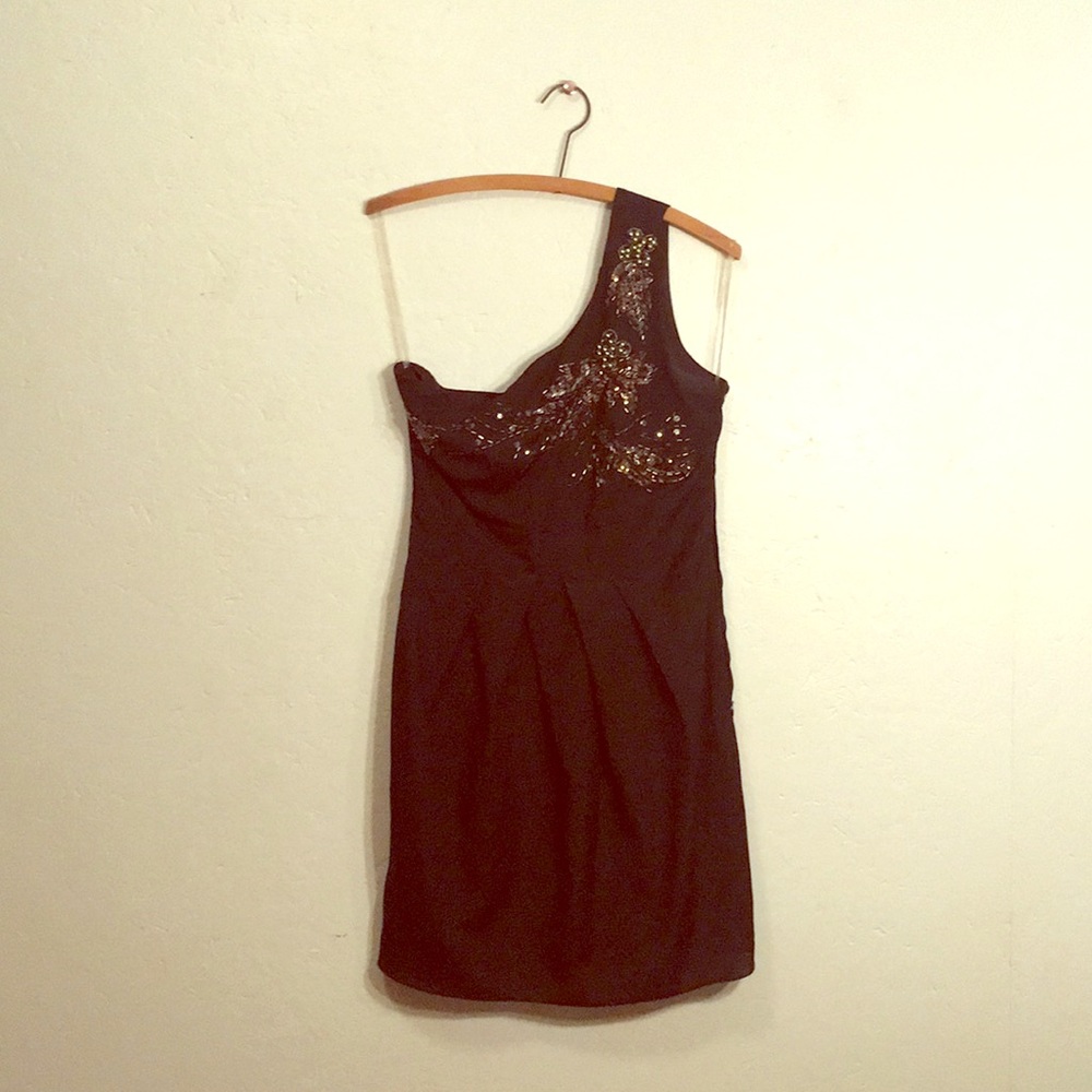 Black beaded one shoulder mini